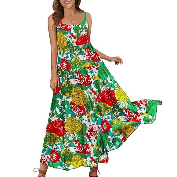 Summer Dress M Casual Loose Bohemian Maxi Dress Pockets Bright Floral - Picture 1 of 9